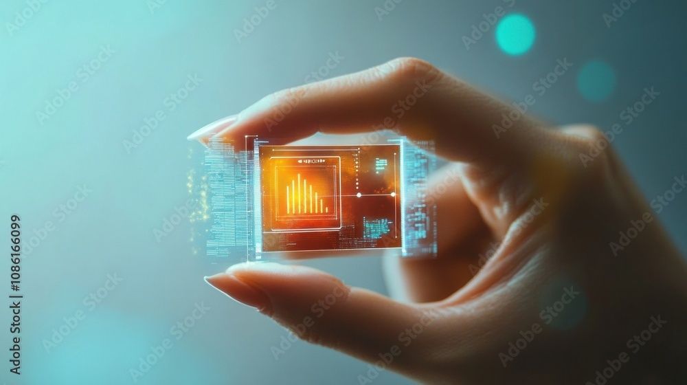 Poster a hand is presenting a micro biochip that projects holographic health metrics, showcasing advanced t