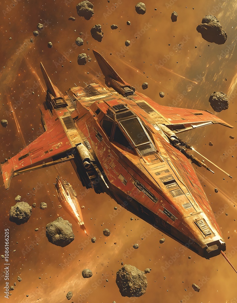 Poster a futuristic spaceship navigating through an asteroid field in space.