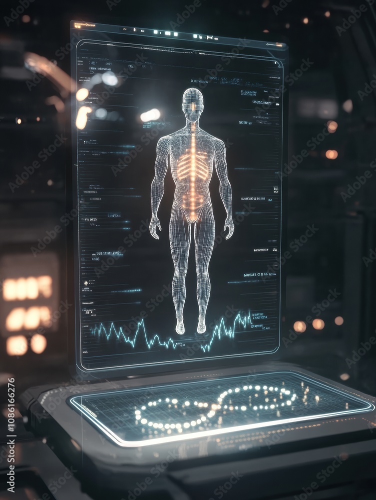 Fototapete A virtual model showcases human DNA and anatomical features in a high-tech laboratory, emphasizing biological research and analysis. Generative AI