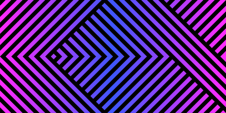 Vector geometric seamless pattern with stripes, chevron, diagonal lines. Abstract urban sport graphic texture. Trendy 1980s - 1990s style background. Neon blue and pink gradient. Repeat modern design