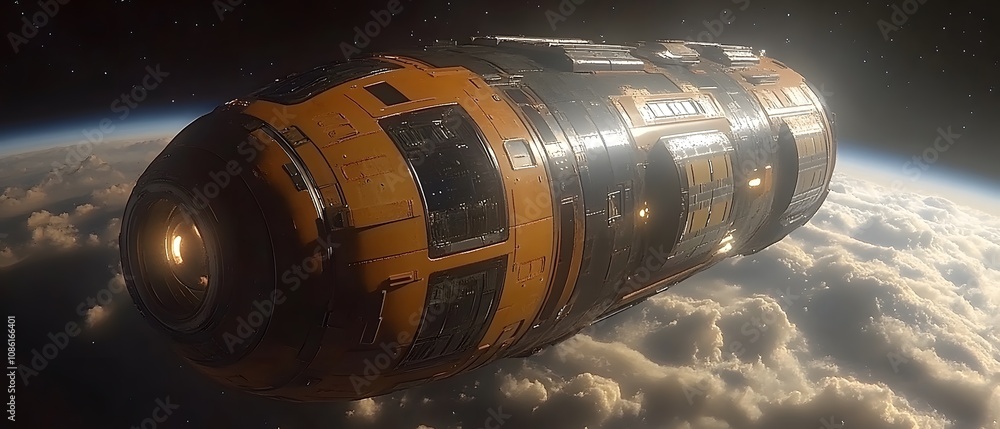 Poster a futuristic spacecraft hovering above clouds, showcasing advanced design and technology.