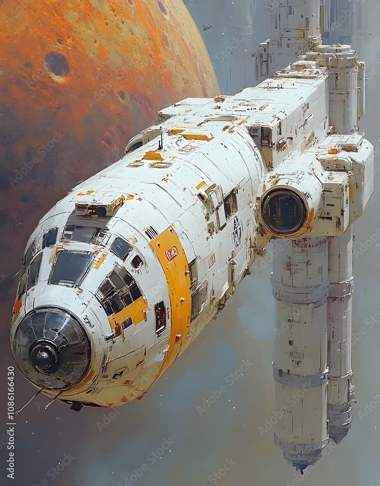 Poster a futuristic spaceship navigating through space near a planet.