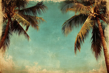 Scenic palm trees with a tropical sky background in retro style, perfect for travel themes, vacation designs, and summer projects