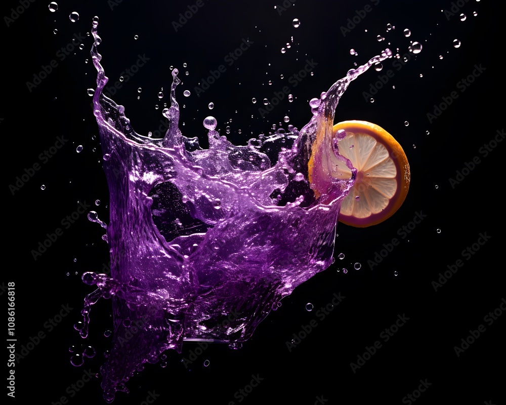 Poster a splash of purple liquid with a lemon slice creating an artistic drink presentation.