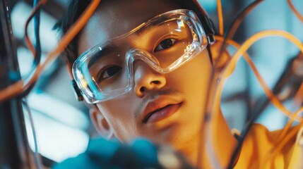 Young Engineer Working with Wiring and Technology