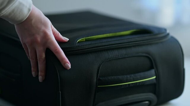 Female Hands Closing a Suitcase using a Zipper, Woman Closing Travel Suitcase Zip. Close up.