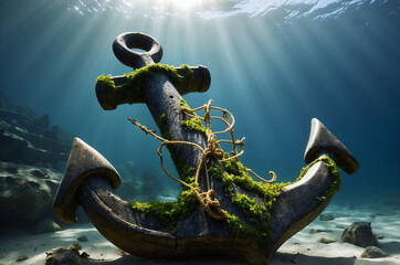 Mystical Underwater Anchor Resting on Ocean Floor with Sunlit Beams