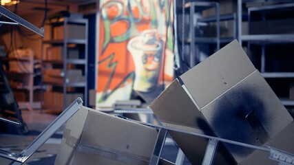 Empty abandoned place with rubble and graffiti paint, concept of juvenile delinquency. Criminal den...