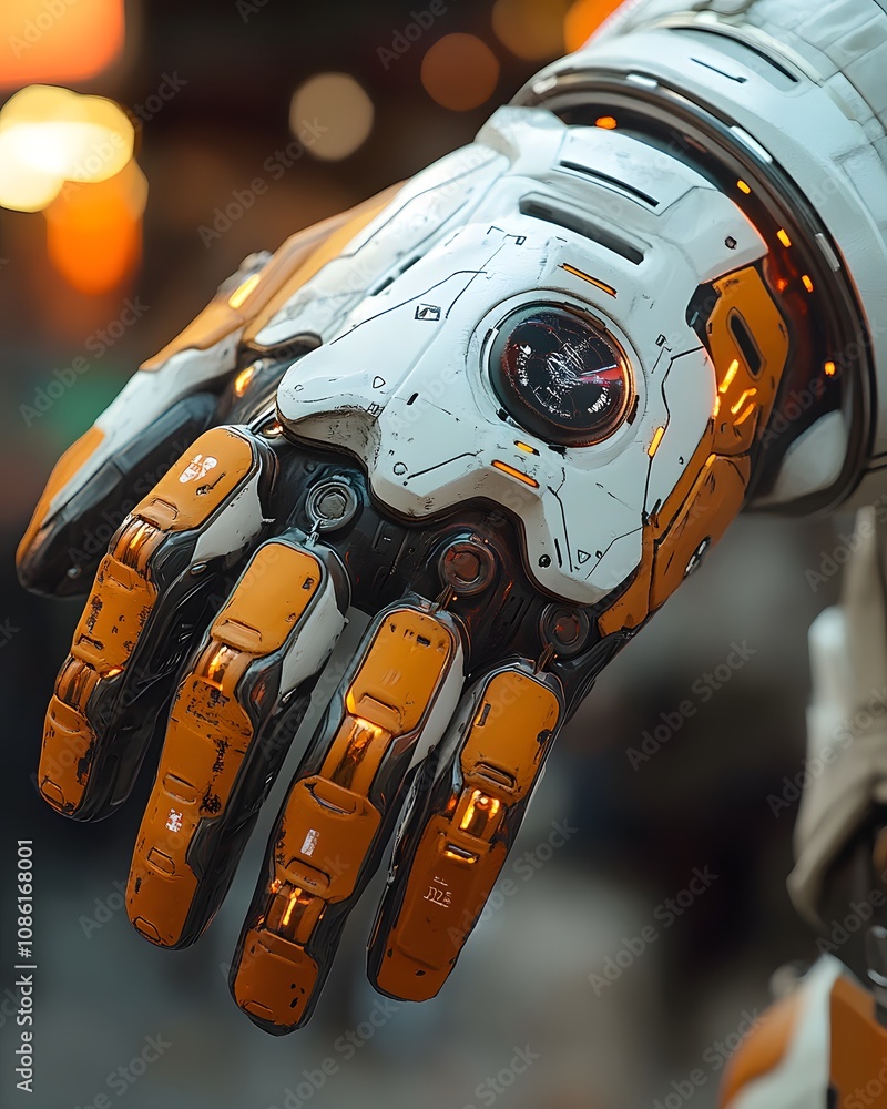 Poster a futuristic robotic hand with intricate design and glowing elements.
