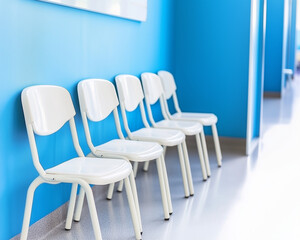 Modern hospital corridor with white chairs and blue walls