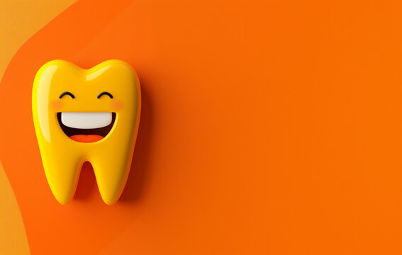3D happy yellow tooth smiling isolated on an orange background