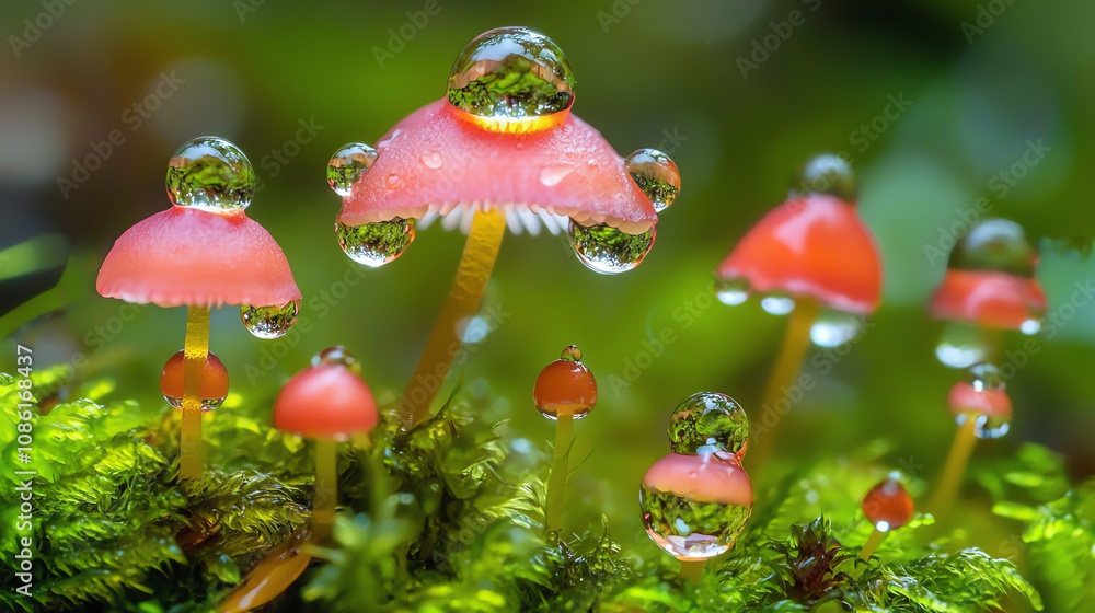 Poster delicate tiny mushrooms emerging from vibrant green moss adorned with sparkling droplets after a ref