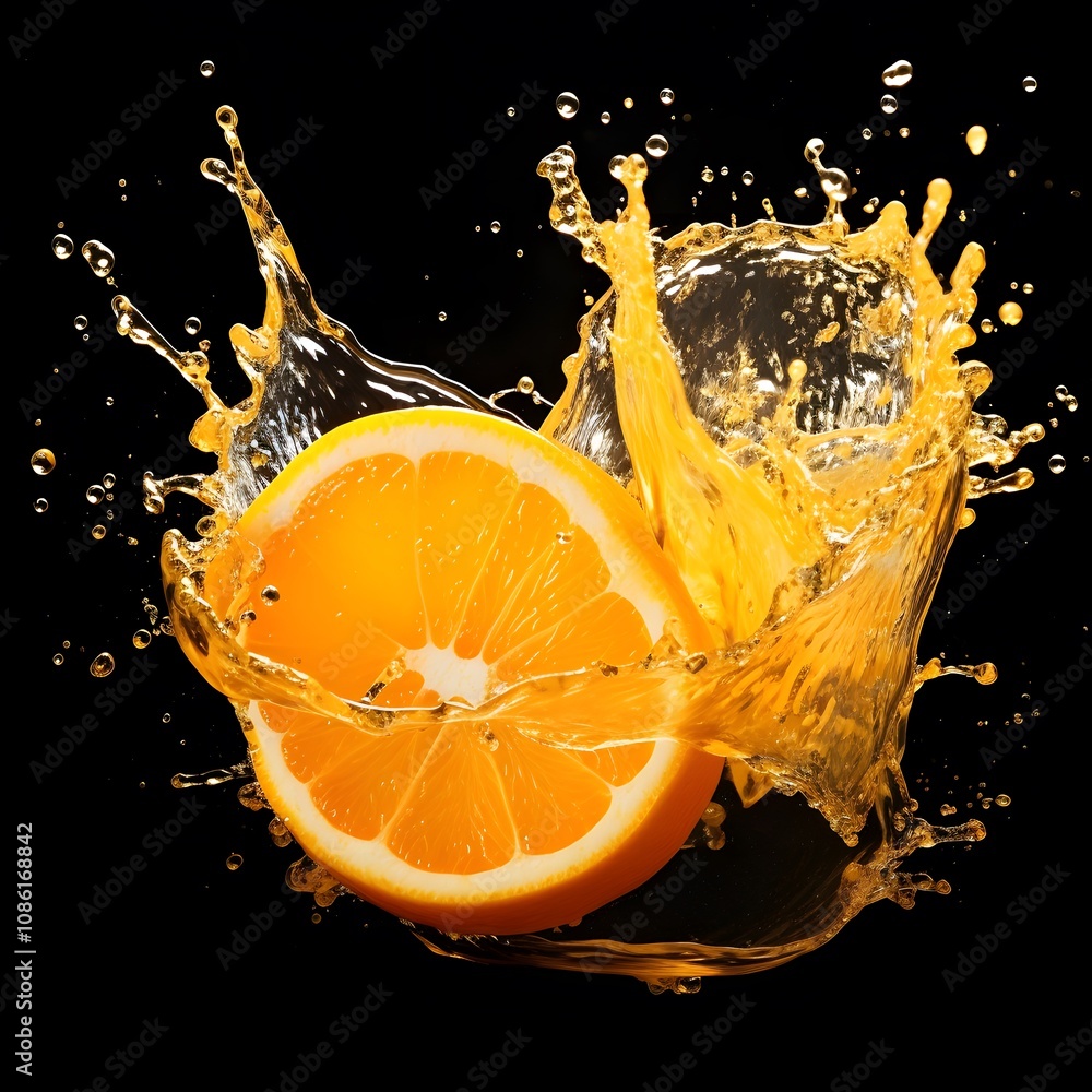 Poster a vibrant orange slice splashes into liquid, creating dynamic water droplets.
