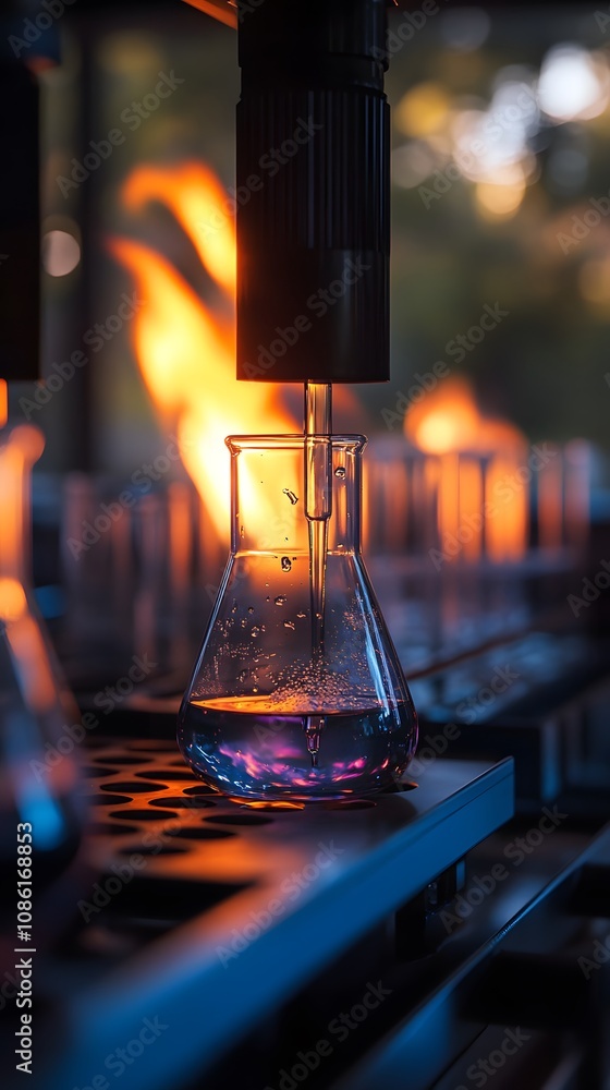 Poster a laboratory scene with a flask under a pipette, illuminated by flames in the background.