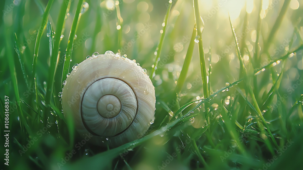 Poster a tiny snail shell resting in dew-kissed grass under soft morning light