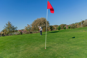 Obraz premium copyspace senior golfer putting ball toward flag on the green