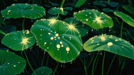 Naklejka premium Dewy Leaves with Sparkling Water Drops at Night
