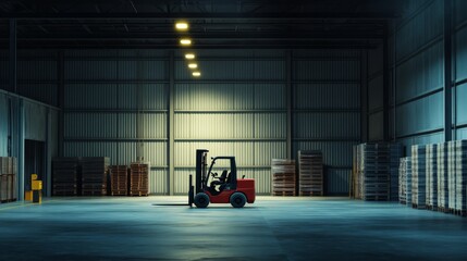 A red forklift in a large warehouse with pallets of boxes in the background.