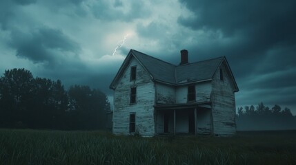 Eerie Abandoned House Under Stormy Sky