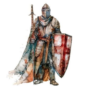 recommend clip art: A watercolor clipart of a Medieval Knight with a Shield, isolated on a white background. Medieval Knight with a Shield vector.