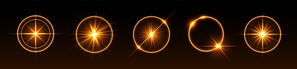 Sunlight flares, glowing shiny sparks, lens flare effects, bright glimmering glares. Vector illustration.