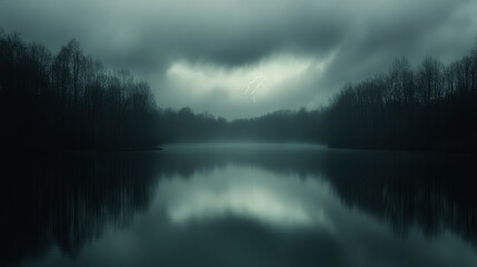 Fototapeta premium Stormy Reflection Over Calm Lake Landscape