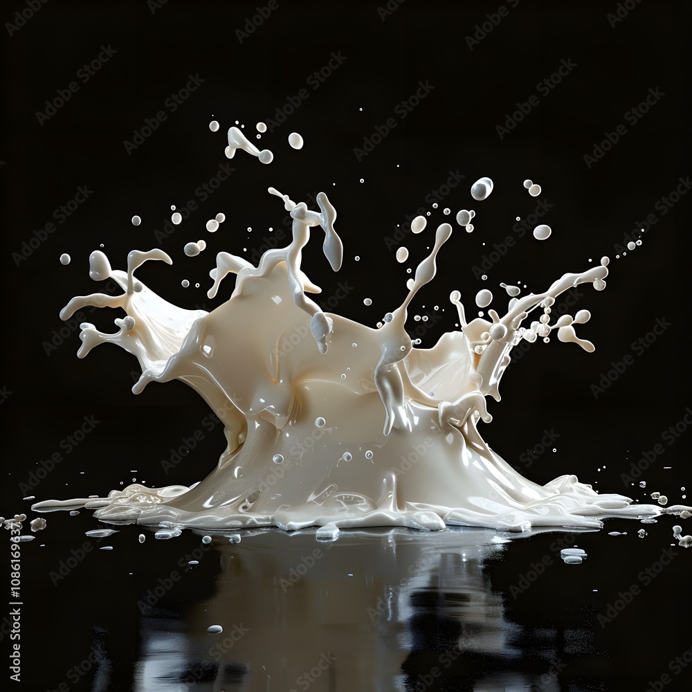 Poster a dynamic splash of milk against a dark background, showcasing motion and fluidity.