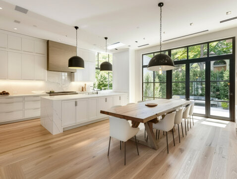 Interior design, contemporary kitchen interior with white walls, kitchen cabinets and oak floor and table.