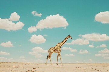 Giraffe in the Desert: A Majestic Creature Under a Bright Blue Sky