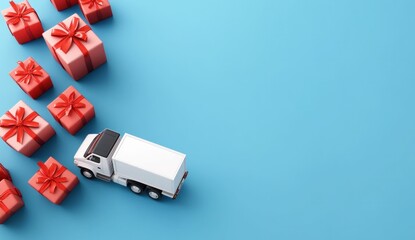 Fototapeta premium delivery, gifts, truck, blue background, shopping, presents, festive season, transportation, e commerce, logistics, holiday season, concept, and celebration A delivery truck moves among red gift box