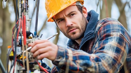 Skilled Worker at Height with Tool and Safety Gear