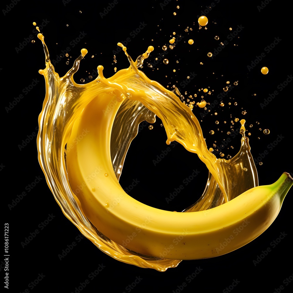Poster a banana splashing in liquid, creating a dynamic and vibrant visual effect.