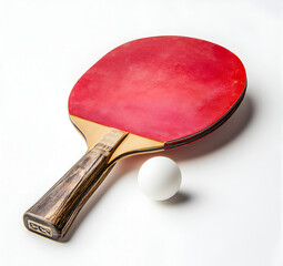 red table tennis racket and a white ball on the side, against a white background