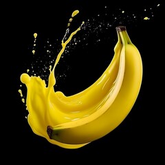 A vibrant image of bananas splashing in yellow liquid against a black background.