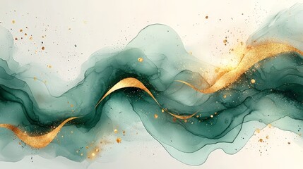 Abstract flowing design with teal and gold elements, creating a serene and elegant aesthetic.