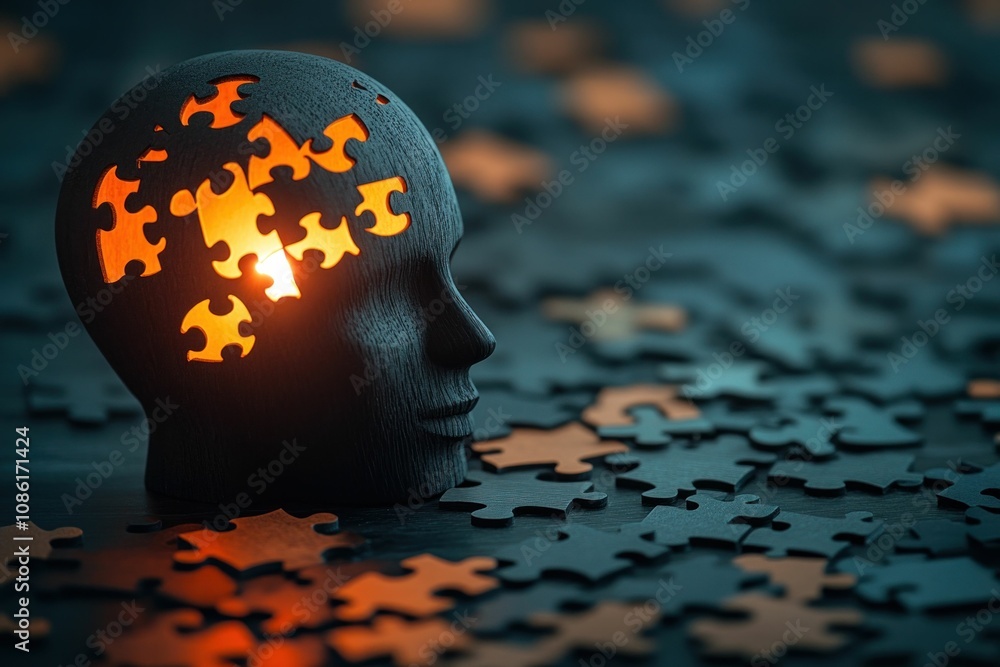Poster abstract human head made of puzzle pieces, illuminated from within, set against a dark background wi