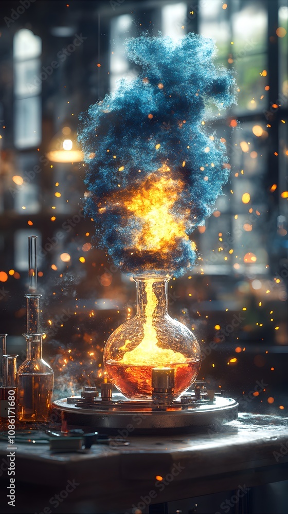 Poster a laboratory scene with a bubbling flask emitting colorful smoke and sparks.