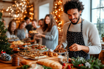 Latino man preparing Christmas dinner in the company of his family