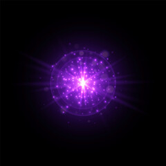 Purple magic flare light effect, glowing colorful star burst with shimmering sparkles with radiant beams. Vector illustration.