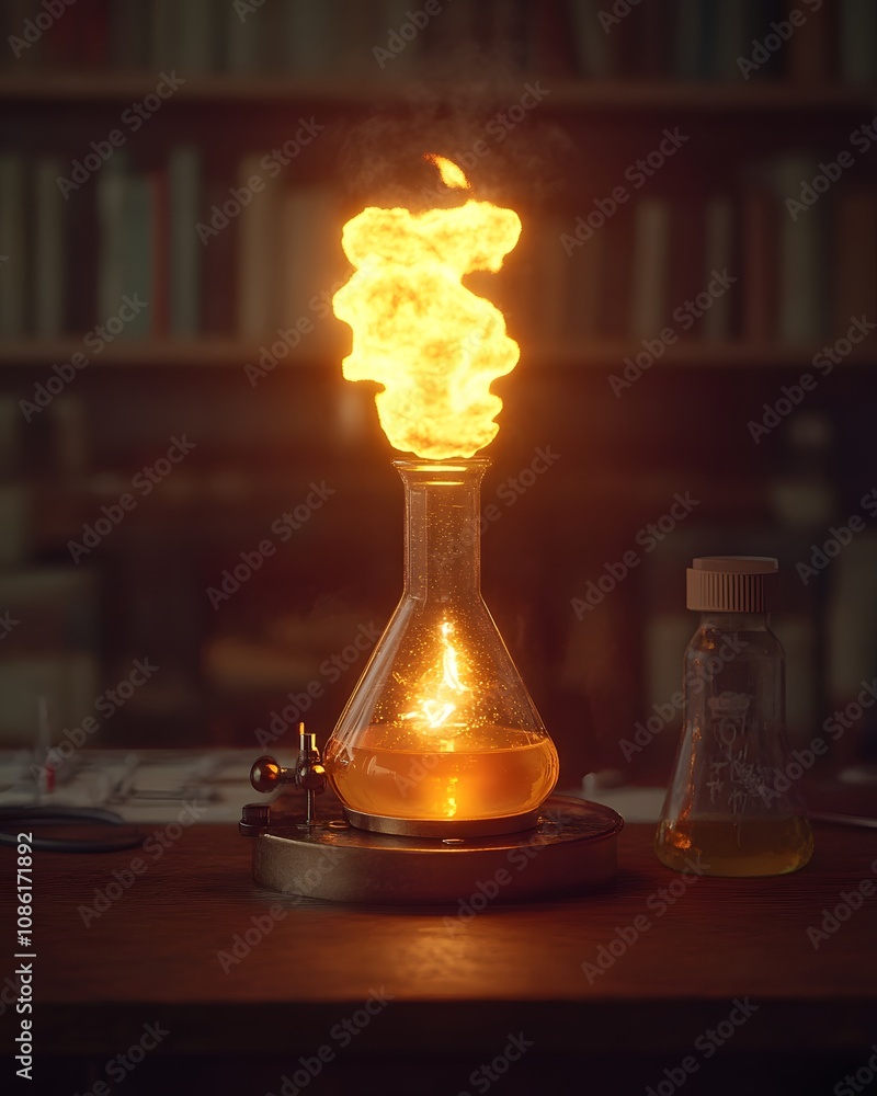 Poster a laboratory scene featuring a flask with flames and a glowing liquid, suggesting a chemical reactio
