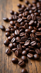 Fototapeta premium Roasted coffee beans scattered on rustic wooden surface