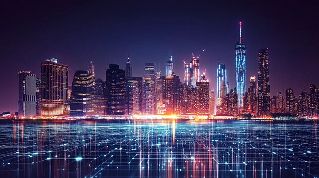 Big Data Connections in Smart City visualizing the interplay of big data and smart city infrastructure against a night metropolis skyline 