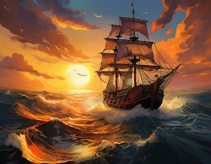 Obraz premium a pirate ship sails through rough seas at sunset the ship s sail is billowing in the wind and the sun is setting in the distance casting a golden glow over the water the scene is both beautiful an