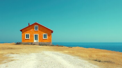 Fototapeta premium A vibrant orange house near the ocean on a clear day.