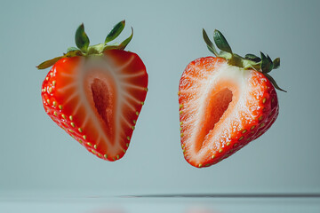 Close-up of fresh strawberries sliced in half, floating in a minimalistic composition