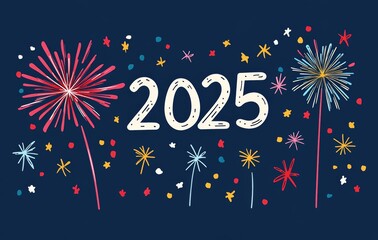 Illustration of fireworks for New Year 2025 on a blue background