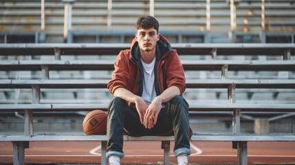 Young man sitting on the basketball court bleachers