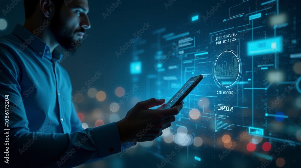 Poster big data and digital technology concept man using mobile phone and laptop in smart city environment