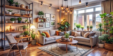 Warm and cozy interior of living room. Cozy home decor. Template.