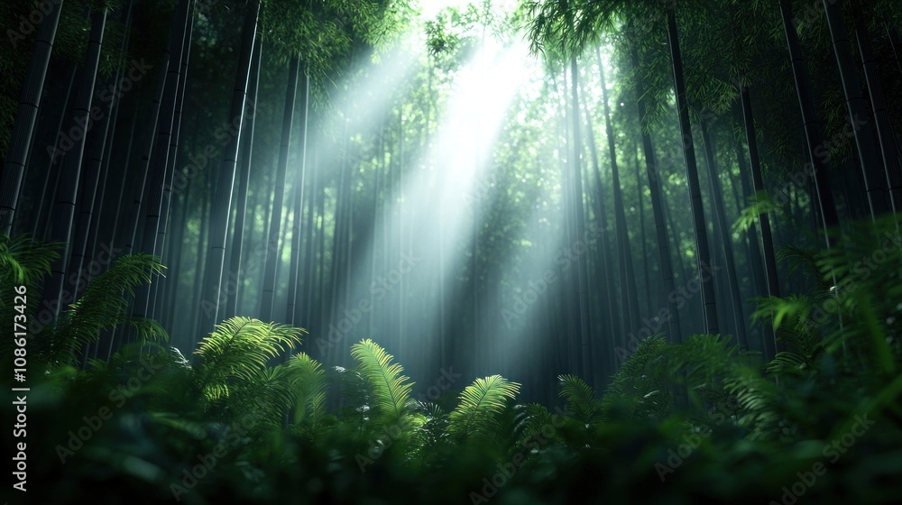 Poster sunlight filtering through a serene bamboo forest with ferns.